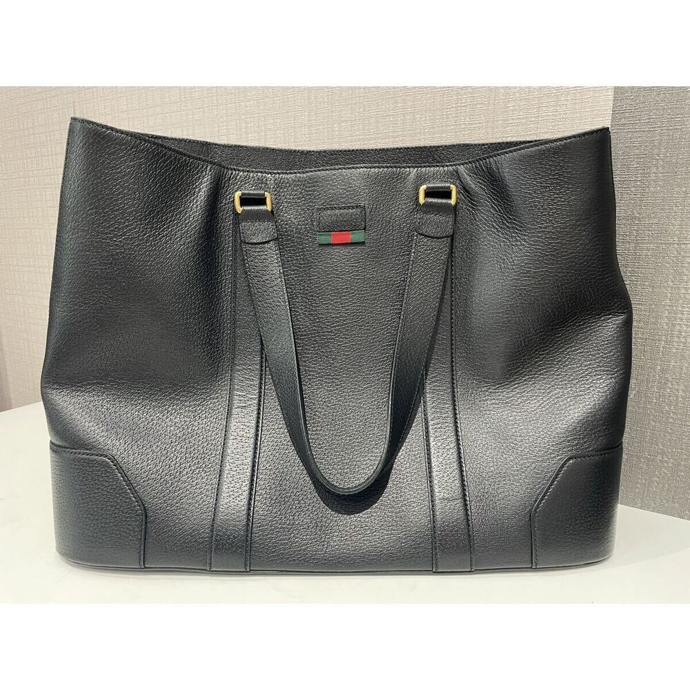GUCCI Web Leather Tote Bag Black Sherry